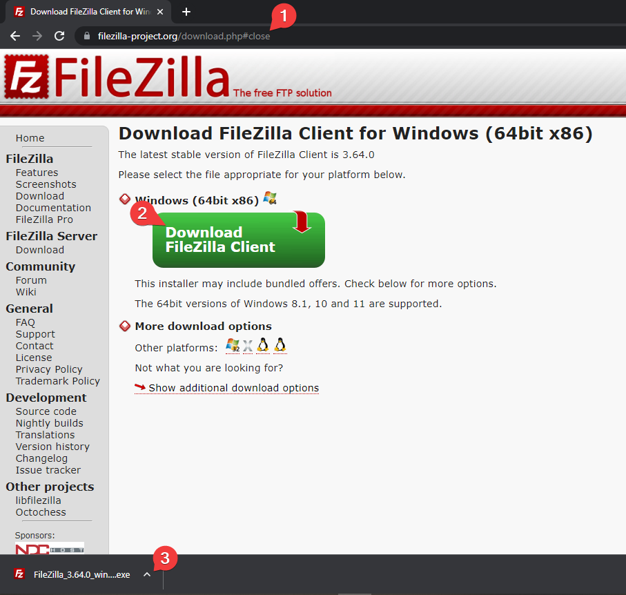 FileZilla downloads page